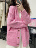 木兰唧唧温柔纯色玫红粉色，中长款盖屁股，针织开衫v领气质毛衣外套