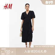 HM女装连衣裙夏季泡泡袖黑色气质收腰垂感长裙1088400