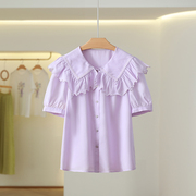 优紫色娃娃领短袖衬衫女夏2024年设计感小众洋气时尚上衣