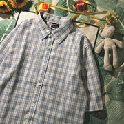 棉麻短袖衬衫男夏季薄款ins潮流日系外套设计感小众格子衬衣男
