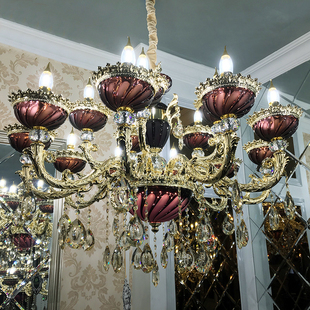 酒红色奢华吊灯欧式水晶，吊灯客厅餐厅卧室，灯婚房紫红色法式吊灯