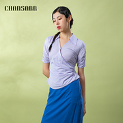 香莎chansarr简约时尚优雅v领上衣收腰修身条纹显瘦短袖衬衫