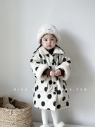 儿童棉服韩版冬季女童，毛领加绒夹棉波点棉衣，宝宝厚实长款棉袄