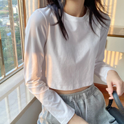 春秋季短装上衣韩版修身露脐短款白t恤女高腰，棉质长袖打底衫