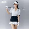 韩版高尔夫球服装女套装夏季冰丝，白色短袖polo衫golf速干百褶短裙