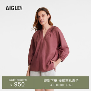 AIGLE艾高2024年春夏女士休闲简约时尚纯色V领七分袖衬衫