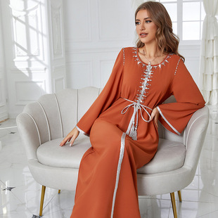 a126燃橙色圆领，幻彩水钻连衣裙腰带阿拉伯传统长裙