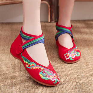 中国风彩绳系带帆布牛筋底低跟古风绣花布鞋，女士单鞋休闲表演出鞋