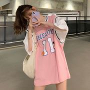 篮球服女假两件t恤女生球衣，背心女童篮球，衣女款短袖韩版粉色上衣