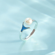 日韩潮人s925纯银饰品美人鱼鲸鱼，尾巴珍珠小众设计开口戒指女指环