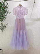 越南法式宫廷风刺绣蕾丝紫色，连衣裙女设计感重工钉珠网纱裙子
