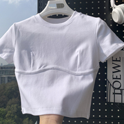 设计感鱼骨纯白t恤女短袖，2023夏季修身高腰打底衫小个子短款t