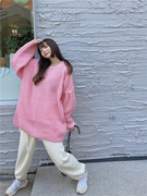 秋季韩版复古纯色套头毛衣慵懒风女宽松中长款长袖针织衫上衣