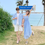 大码短袖沙滩格子衬衫中长款波西米亚背带裙旅游度假情侣拍照套装