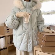 蓝色大毛领羽绒棉服女分割线设计感外套冬季保暖2023小个子ins风