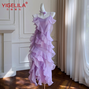法式202高端夏季气质，优雅紫色吊带小礼服，中长款修身连衣裙