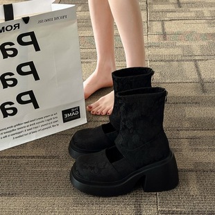 国风镂空黑色靴子女设计感夏季百搭2024粗跟高跟厚底短靴透气