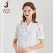 法式系带领白色雪纺衫女夏季2024设计感知性气质短袖衬衫上衣