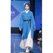 蓝色针织毛衣裙(毛衣裙)2023秋冬新中式女装，国风气质高端高级感连衣裙