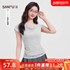三福短袖T恤2025新款夏季别致不规则蕾丝拼接斜肩上衣女装500283
