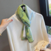 油画绿色显白拼色长条丝巾，女薄围巾披肩，纱巾妈妈装饰礼物百搭春秋