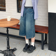 复古宽松廓型做旧磨白七分牛仔裤，女夏季流行时尚，韩系高腰阔腿短裤