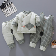 新生婴儿棉衣套装加厚冬季男宝宝，衣服0-1岁女棉袄背带三件套