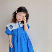 女童裙子洋气夏季短袖薄款蓝色翻领连衣裙2023年夏装泡泡袖公主裙