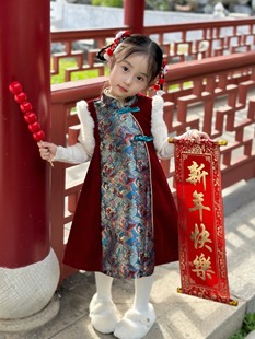 女童旗袍冬装过年服装，女宝宝背心裙中国风，儿童新中式连衣裙拜年服
