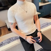 半高领短袖t恤男春季高级感个性花纹，修身纯色百搭紧身中领打底衫
