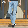 VJC/威杰思2023夏季蓝色牛仔裤男士复古刺绣花直筒小脚裤