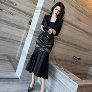 职业西装鱼尾裙套装春季穿搭高级感时尚气质，名媛风黑色两件套女装