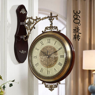 壁挂表欧式钟大厅(钟大厅)美式双面挂钟时钟，吊复古客厅实木墙中式钟表