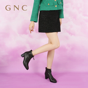 GNC牛皮短靴冬季商场同款气质拼接软皮时装靴粗跟中跟裸靴