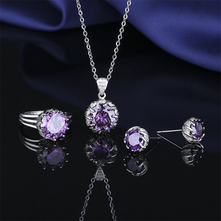 甜美小清新925银紫水晶戒指耳环项链女生送闺蜜生日礼物饰品套装