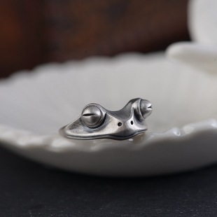 原创设计《青蛙》s925纯银复古指环男女，开口可爱金蟾招财转运戒指