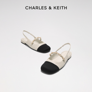 charles&keith春夏女鞋，ck1-70900382女士珠链绊带小香风平跟凉鞋