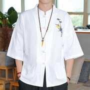 中国风棉麻男衬衫复古风，唐装夏季新中式立领中山亚麻短袖半袖上衣