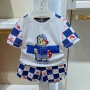 韩版夏季男童新海军风t恤套装卡通格子tkra222406a裤tkth222403b