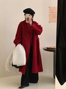 新年战袍美拉德红色毛呢，外套冬季高端宽松时髦立领长款外穿大衣女