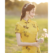 黄色旗袍2024短款小个子新中式改良年轻款少女夏季棉麻连衣裙