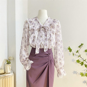 紫色蝴蝶结碎花雪纺衫减龄长袖衬衫，女秋季设计感洋气打底小衫上衣