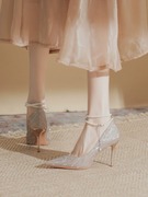 香槟色新娘高跟鞋女细跟婚鞋 2023珍珠水晶伴娘鞋一字带单鞋