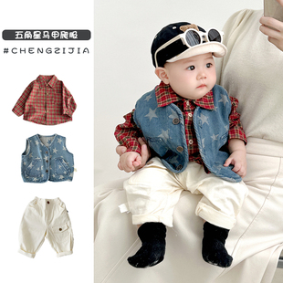 韩版婴儿薄款格子衬衫马甲长裤男童，外出春秋装潮宝宝帅气三件套装
