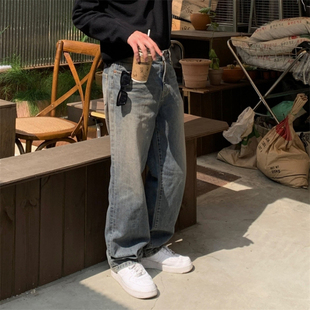 MRDONG韩国男装东大门复古做旧水洗磨白高街阔腿微堆积牛仔裤