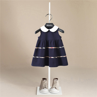 伯米吉品牌女童polo衫，夏装藏蓝色格子，撞条洋气连衣裙英伦风裙子棉