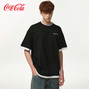 coca-cola可口可乐假两件短袖t恤男夏季拼接撞色字母印花打底衫