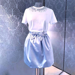 2023夏季名媛风重工钉珠镶钻圆领甜美百搭白色短袖T恤+半身裙