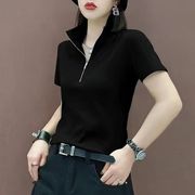 立领拉链短袖T恤女士2023夏季洋气减龄时髦黑色修身显瘦上衣