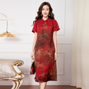新中式真丝旗袍连衣裙红色，喜婆婆婚宴装妈妈礼服，香云纱裙子桑蚕丝